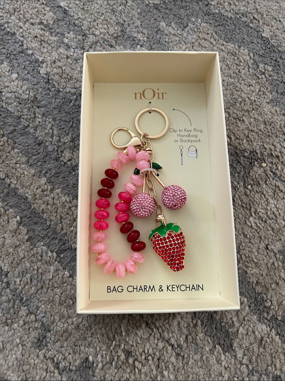 nOir Jewelry Pink & Red Strawberry Charm Keychain with Beaded Wristlet